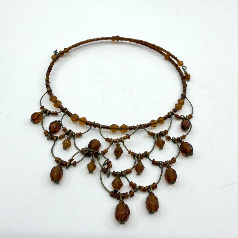 Brown Amber Tone Beaded Wire Bib Necklace Dangle Fringe Statement Retro Choker